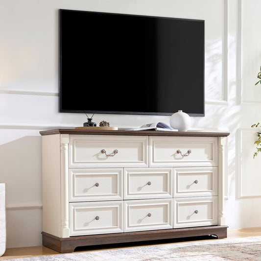 3PC Farmhouse Dresser and Nightstand Sets for Bedroom, Including 8 Drawer Dresser & 2 Drawer Night Stand Set of 2 with Usb,Antique White