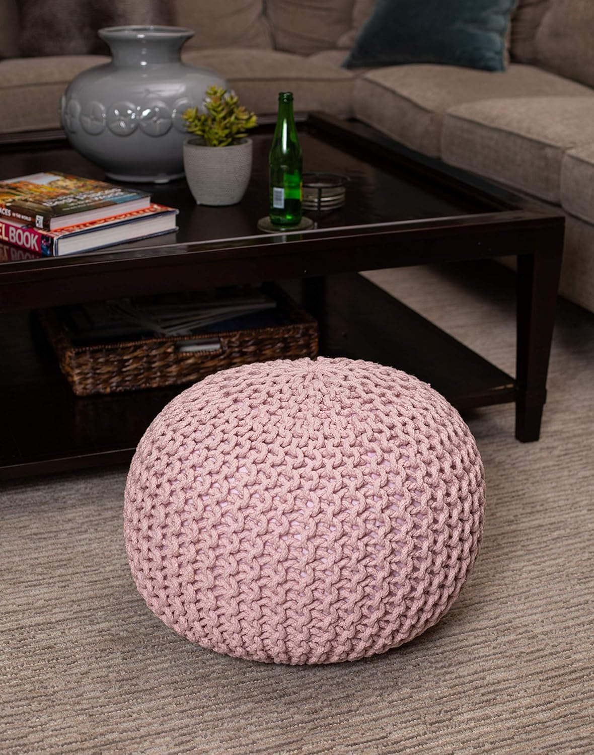 round Pouf Ottoman | Cotton Braided Foot Stool with Bean Bag Filling | Boho Foot Rest for Living Room & Bedroom | Compact & Comfortable Seating, Lightweight & Soft | Dusty Rose