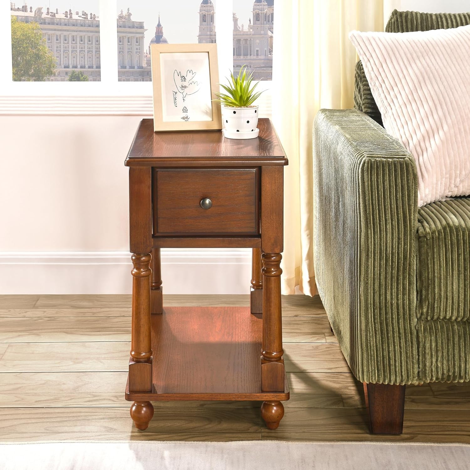 Solid Wood Narrow End Table with Drawer, Vintage Rectangle Sofa Side Table with Storage Shelf Mid-Century Apartment Slim Bedside Table for Small Spaces,13 * 22 * 22.3In