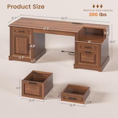 Farmhouse Executive Desk, 62'' Home Office Desk with File Drawers, view 3