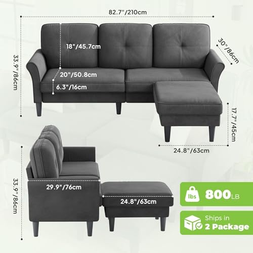 Sectional Couches for Living Room, 83" Velvet Modern 3 Seater Sofa, L Shaped Couch with Ottoman, Small Sectional Couch Sofas for Living Room, Bedroom, Apartment, Office, Grey Sofa