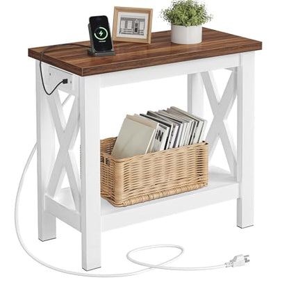 End Table with Charging Station, Farmhouse Narrow Side Table, 2-Tier with Storage Shelves, Slim Nightstand for Small Spaces, Living Room, Bedroom, White and Walnut WH360UBZ01