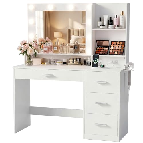 39 Inch Vanity Desk with Mirror and LED Lights, Modern White, view 2