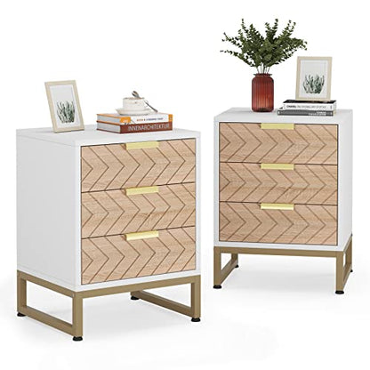 Tribesigns 3 Drawers Nightstand Set of 2, Modern Bedside Table with Unique Chevron Design, White End Side Table Night Stands with Gold Metal Legs for Bedroom (White & Wood Color)