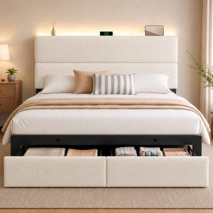 Queen Bed Frame with 2 Storage Drawers, Light Beige Velvet Upholstered, view 2