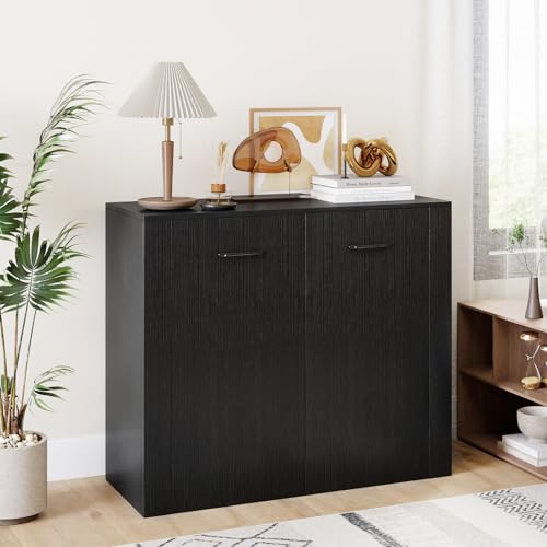 38-Inches Storage Cabinet, Sideboard with 2 Doors and 4 Cubic Shelves, Anti-Tipping Device, Sturdy Metal Hings, Credenza, Bathroom Cabinet for Living Room, Kitchen, Entryway, Black