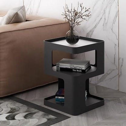 Modern Metal Side Table with Storage,Small End Table for Sofa & Couch,3-Tier Compact Nightstand for Small Spaces,Black Bedside Tables for Living Room & Bedroom,No Assembly Required