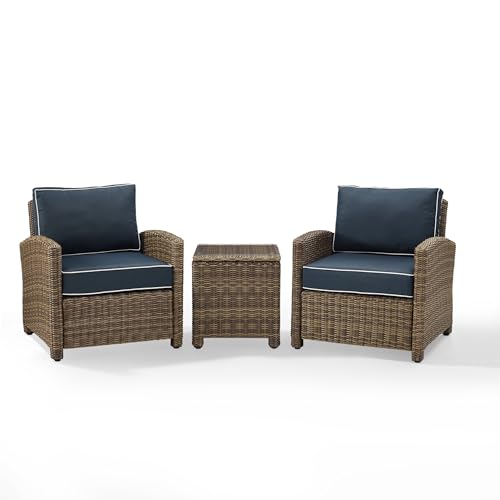 Crosley Furniture KO70052WB-NV Bradenton Outdoor Wicker 3-Piece Seating Set (2 Arm Chairs, Side Table), Weathered Brown with Navy Cushions