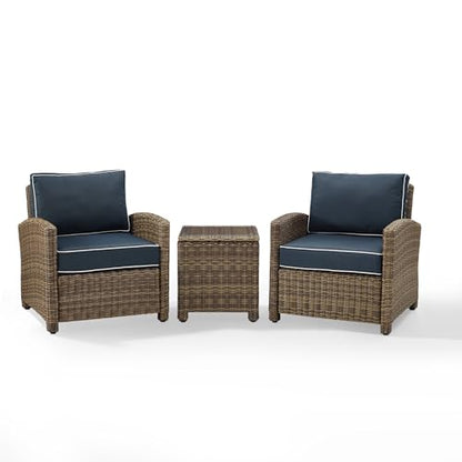 Crosley Furniture KO70052WB-NV Bradenton Outdoor Wicker 3-Piece Seating Set (2 Arm Chairs, Side Table), Weathered Brown with Navy Cushions