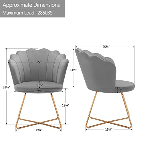 Shell Shaped Velvet Accent Chair, Bedroom Golden Metal Leg Grey