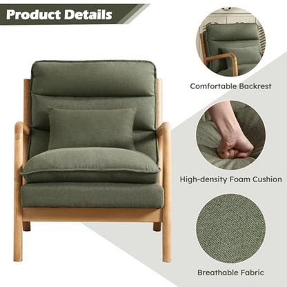 Mid Century Modern Accent Chair, Upholstered Lounge Armchair with Plump Back Pillow, Comfy Reading Chair with Solid Wood Frame for Bedroom Living Room, Green