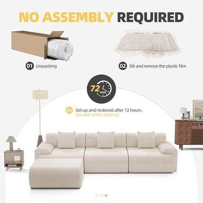 118" Modern L Shaped Modular Sectional Sofa, Boneless Cloud Couch with Ottoman, Oversized Corduroy Couch Deep Seat, 30D Sponge for Indoor Living Room, No Assembly Required(Beige)
