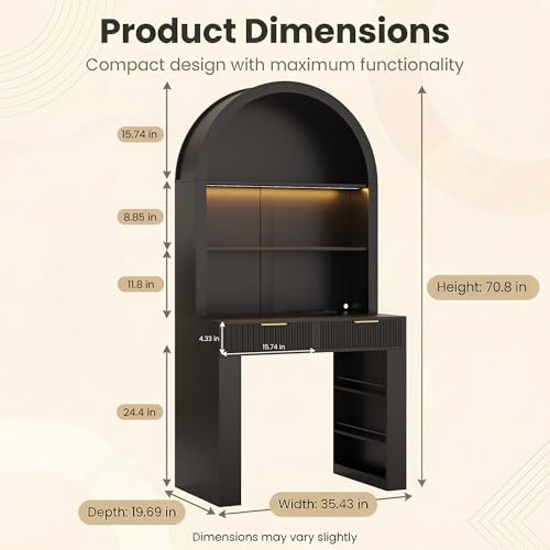 Arched Writing Desk with Hutch, Home Office Desk with 2 Drawers, Secretary Desk with Outlets, 3 Color LED Lights, Open Shelves, Computer Desk for Small Space, Bedroom 35.4" W x 70.8" H (Black)