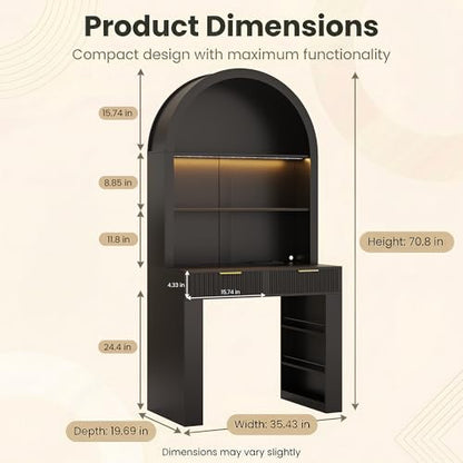 Arched Writing Desk with Hutch, Home Office Desk with 2 Drawers, Secretary Desk with Outlets, 3 Color LED Lights, Open Shelves, Computer Desk for Small Space, Bedroom 35.4" W x 70.8" H (Black)