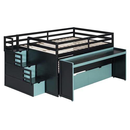 Full XL Loft Bed with Pull-Out Desk and Twin Trundle, 2 Storage Drawers and Storage Steps, Space-Saving Gaming & Workstation Bed Frame with Safety Guardrails for Kids Teens (Black+Blue/Full XL,80)