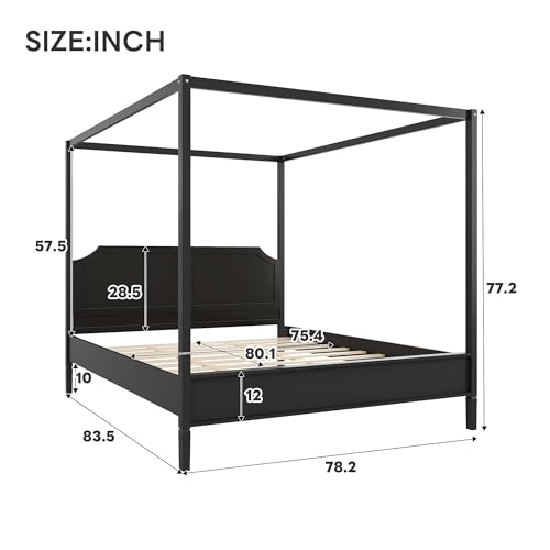 Canopy Bed Frame King with Headboard and Under-Bed Storage Space, Black, view 3