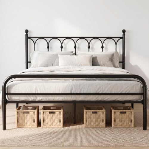 Full Metal Bed Frame with Headboard, 11.9" Storage, Black, view 2
