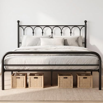 Full Metal Bed Frame with Headboard, 11.9" Storage, Black, view 2