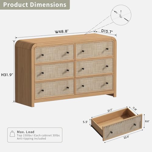 6 Drawer Dresser for Bedroom, 49'' Rattan Dresser with Ample Storage, Boho Chest of Drawers, Thickened Curved Profile Design, Oak Dressers for Bedroom, Living Room