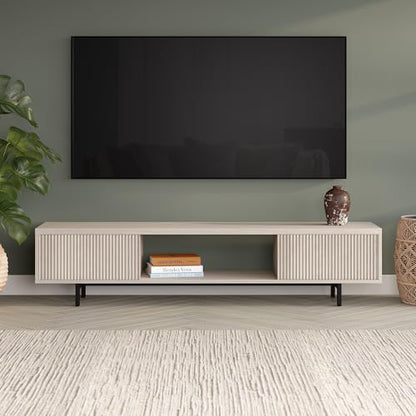 Fluted TV Stand for TVs up to 78" with 2 Ribbed Side Storage Cabinets and Open Center Storage for Living Room, Family Room, or Office, Beech White
