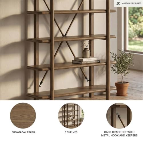 71 in Home Office Bookcase, Brown Oak Finish, Hardwood Solids and Veneer, 5 Open Shelves, Sturdy Vertical Storage, Metal Back Brace, Stylish Display for Books, Plants, Photos, Living Room