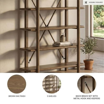 71 in Home Office Bookcase, Brown Oak Finish, Hardwood Solids and Veneer, 5 Open Shelves, Sturdy Vertical Storage, Metal Back Brace, Stylish Display for Books, Plants, Photos, Living Room