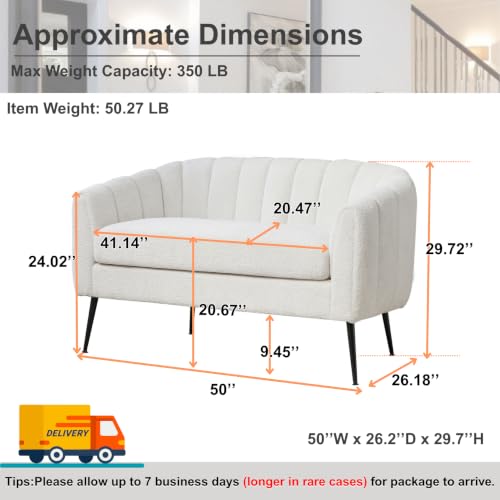 50'' Loveseat Sofa, Modern Sherpa Boucle 2-Seater Sofa with Metal Legs, Comfy Upholstered Small Accent Couch for Living Room Bedroom Office (White).