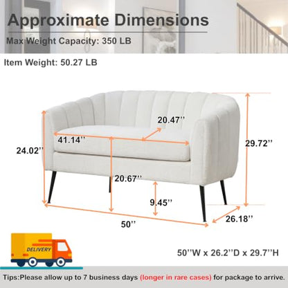 50'' Loveseat Sofa, Modern Sherpa Boucle 2-Seater Sofa with Metal Legs, Comfy Upholstered Small Accent Couch for Living Room Bedroom Office (White).
