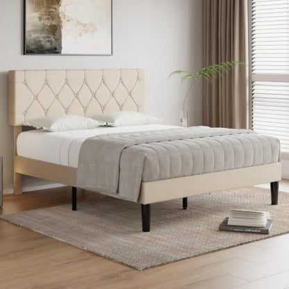 Queen Bed Frame with Upholstered Tufted Headboard, Beige, view 4