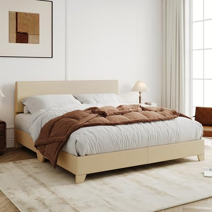 Queen Size Upholstered Bed Frame Adjustable Headboard, Beige, view 4