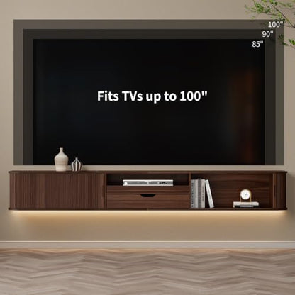 94.8" Floating Fluted TV Stand with Drawer & LED for TVs up to 100", Walnut, view 5