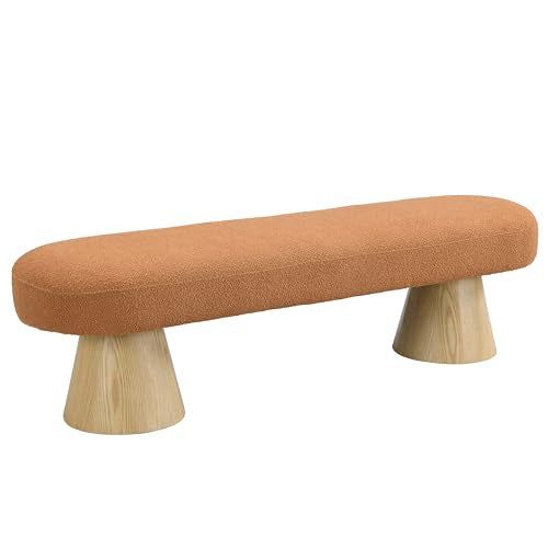 Dining Bench for Dining Room, Upholstered Bedroom End of Bed Entryway Bench, Boucle Ottoman for Living Room, 64" L Stool Top Wood Leg 300 LBS Weight Capacity, Orange