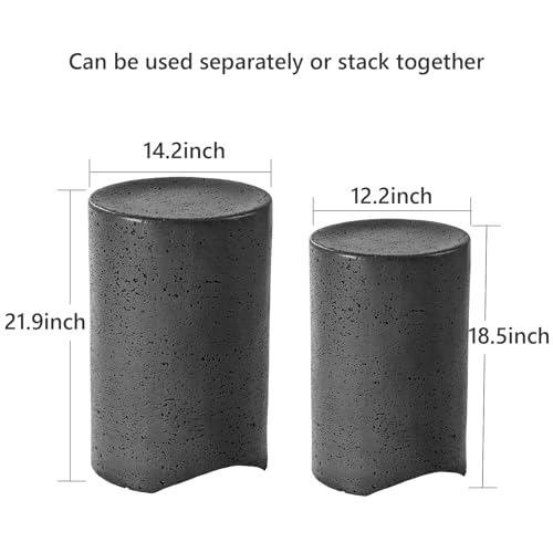 Concrete Outdoor Side Table, Set of 2 Round End Tables, Decorative Garden Stools for Indoor Outdoor, Patio Accent Side Table w Spotted, Nesting, Dark Grey