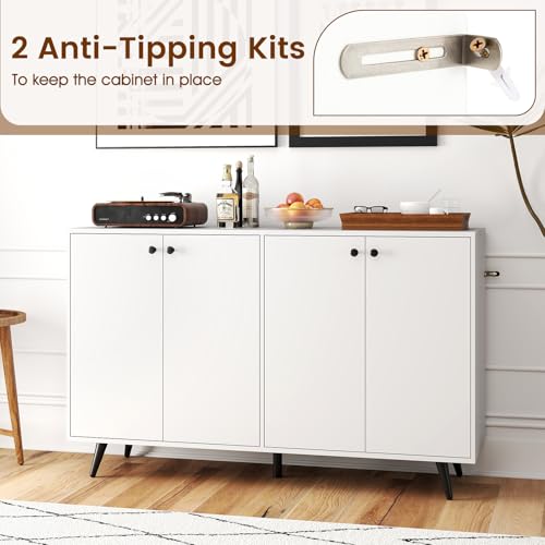 Sideboard Buffet Cabinet, 50’’ Accent Kitchen Storage Cabinet with 4-Door & 5-Position Adjustable Shelves, Modern White Sideboard with 5 Support Legs, Buffet Table for Coffee Bar, Living Room