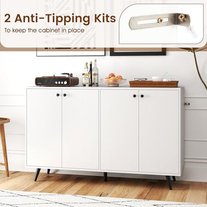Sideboard Buffet Cabinet, 50’’ Accent Kitchen Storage Cabinet with 4-Door & 5-Position Adjustable Shelves, Modern White Sideboard with 5 Support Legs, Buffet Table for Coffee Bar, Living Room
