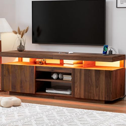 Modern LED TV Stand for 75 Inch TV, Walnut TV Console with Power Outlet, Entertainment Center with Storage for 75/70/65 inch TVs, Rustic Gaming Media Console Cabinet for Living Room (64 Inch)