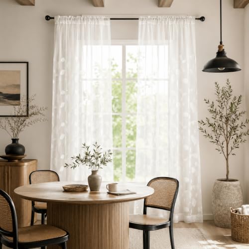 White Sheer Curtains 84 inches Long Leaves Embroidered Window Curtain Sheer Voile Panels for Living Room & Bedroom, 54x84, Two Panels