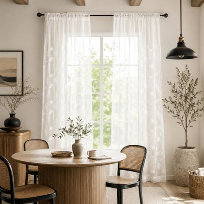 White Sheer Curtains 84 inches Long Leaves Embroidered Window Curtain Sheer Voile Panels for Living Room & Bedroom, 54x84, Two Panels