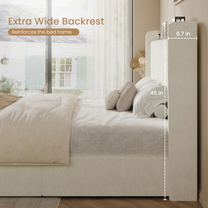 King Size Bed Frame, Chenille Storage Headboard and USB, White, view 7