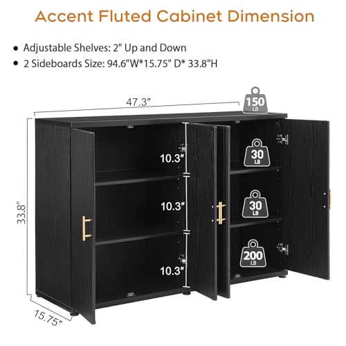 94.6" Black Fluted Sideboard Buffet Cabinet with Storage and 8 Doors, view 3
