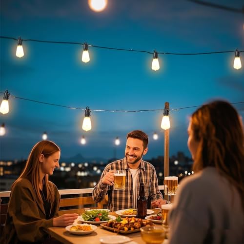 60FT Solar String Lights Outdoor Waterproof with Remote,Shatterproof ST38 20 LED Bulbs,2700K Dimmable Solar Lights Outdoor,Outside Hanging Lights for Patio,Garden,Camping,Deck,Backyard Decor