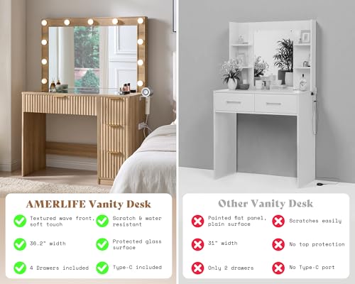 36.2" Fluted Vanity Desk with Large Mirror and Lights, Natural Oak, view 6