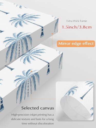 NuYeBiofx Summer Palm Tree Seamless Canvas Wall Art Prints,48"x32" Framed Picture Artwork Beach Navy Blue Botanical Printed Canvas Oil Painting for Living Room Bedroom Office,Ready to Hang