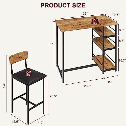 Kitchen Table Set, Dining Table and Chairs for 2 with Storage Shelf, Dining Room Table Set with 2 Upholstered Chairs, Bar Dining Table Set for Small Spaces, Apartment, Rustic Brown