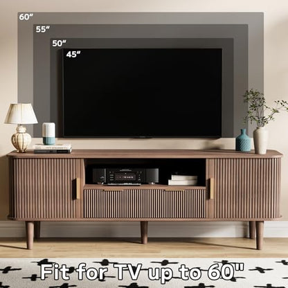 62" Mid Century Modern Fluted TV Stand, Tambour Doors, view 4