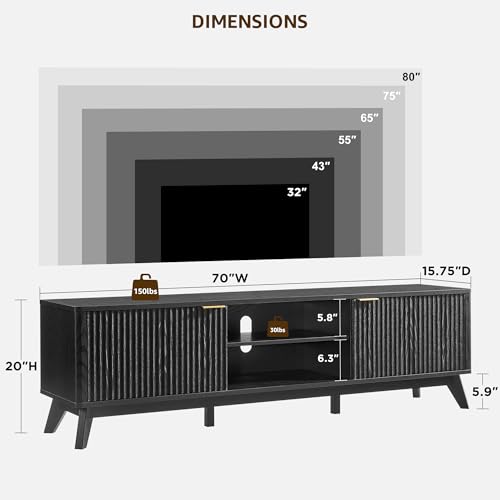 70" Mid-Century Modern Fluted TV Stand, 2 Soft-Close Doors, Black Oak, view 3