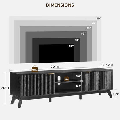 70" Mid-Century Modern Fluted TV Stand, 2 Soft-Close Doors, Black Oak, view 3