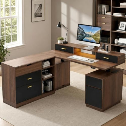 63" L Shaped Electric Standing Desk with 6 Drawers File Cabinet, view 2