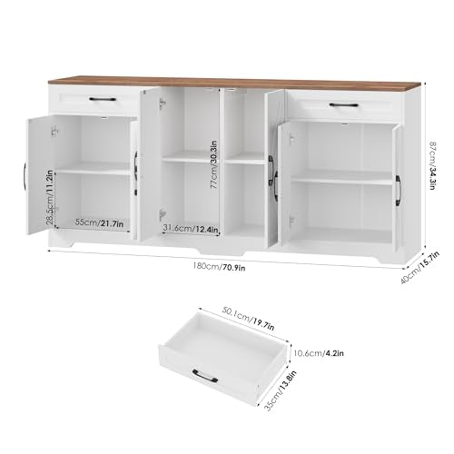 71” Large Sideboard Buffet Cabinet with Storage, Farmhouse Kitchen Buffet Cabinet with Adjustable Shelves and 6 Barn Doors, Wood Coffee Wine Bar Console Table for Kitchen, Dining Room, White