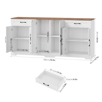 71” Large Sideboard Buffet Cabinet with Storage, Farmhouse Kitchen Buffet Cabinet with Adjustable Shelves and 6 Barn Doors, Wood Coffee Wine Bar Console Table for Kitchen, Dining Room, White